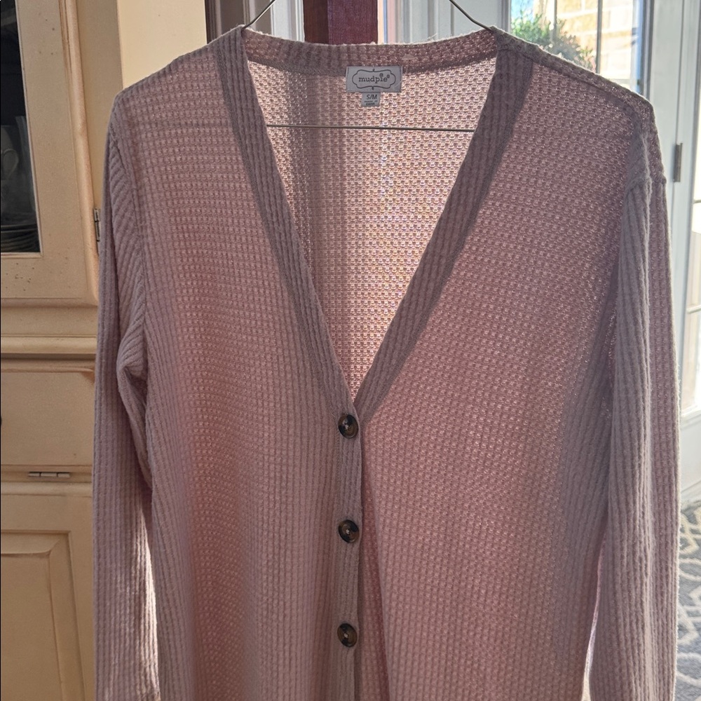 Mud Pie Textured Knit Sweater in Light Gray S/M women’s button up tunic